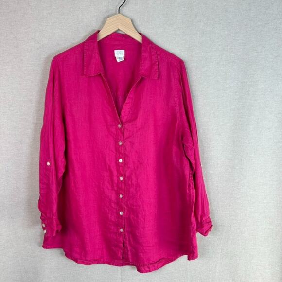 Sigrid Olsen Womens 100% Linen Button Up Top Size 1X Resort Roll Tab Sleeve Pink - Picture 1 of 8